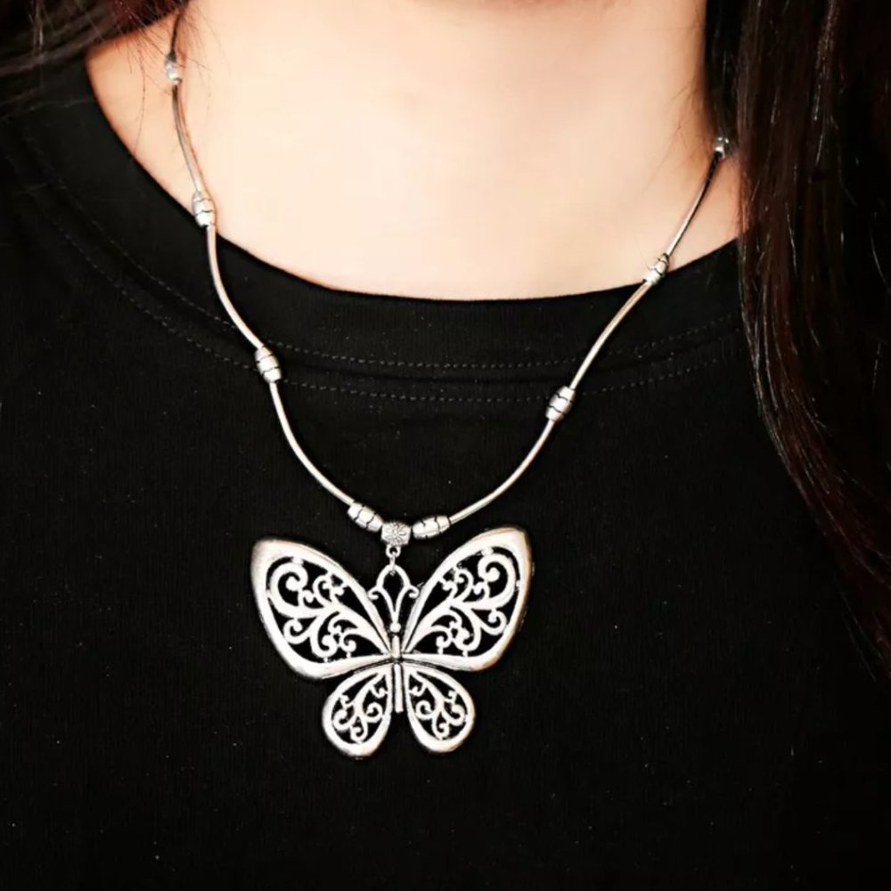 Boho Tibetan Silver Plated Carved Butterfly Necklace